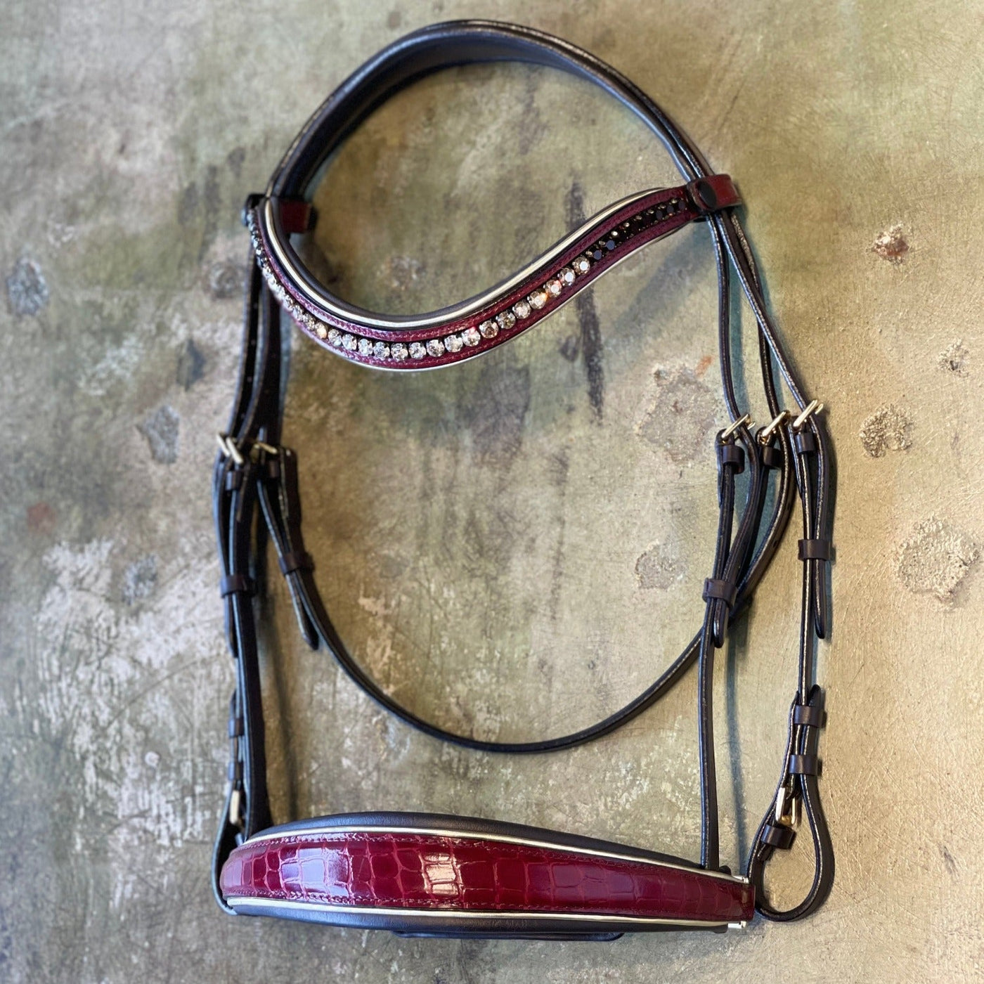 The Centerfold - Brown Leather & Burgundy Croc Snaffle Bridle