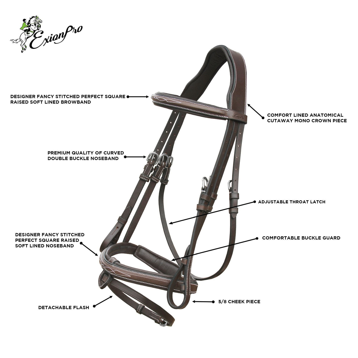 ExionPro Designer Stitched Mono Crown Piece Snaffle Bridle With Rubber Reins