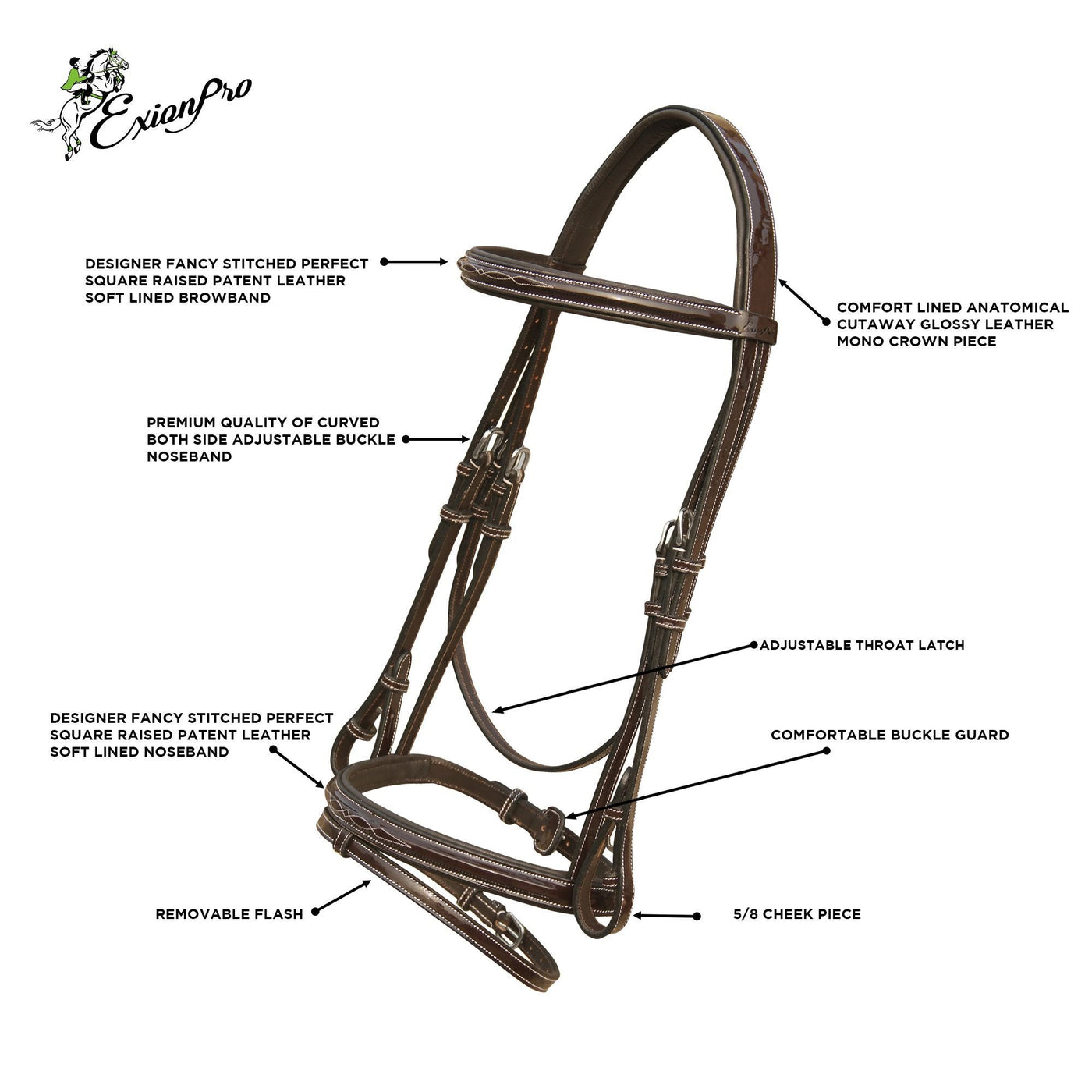ExionPro Designer Fancy Square Raised Glossy Patent Leather Bridle & Rubber Reins