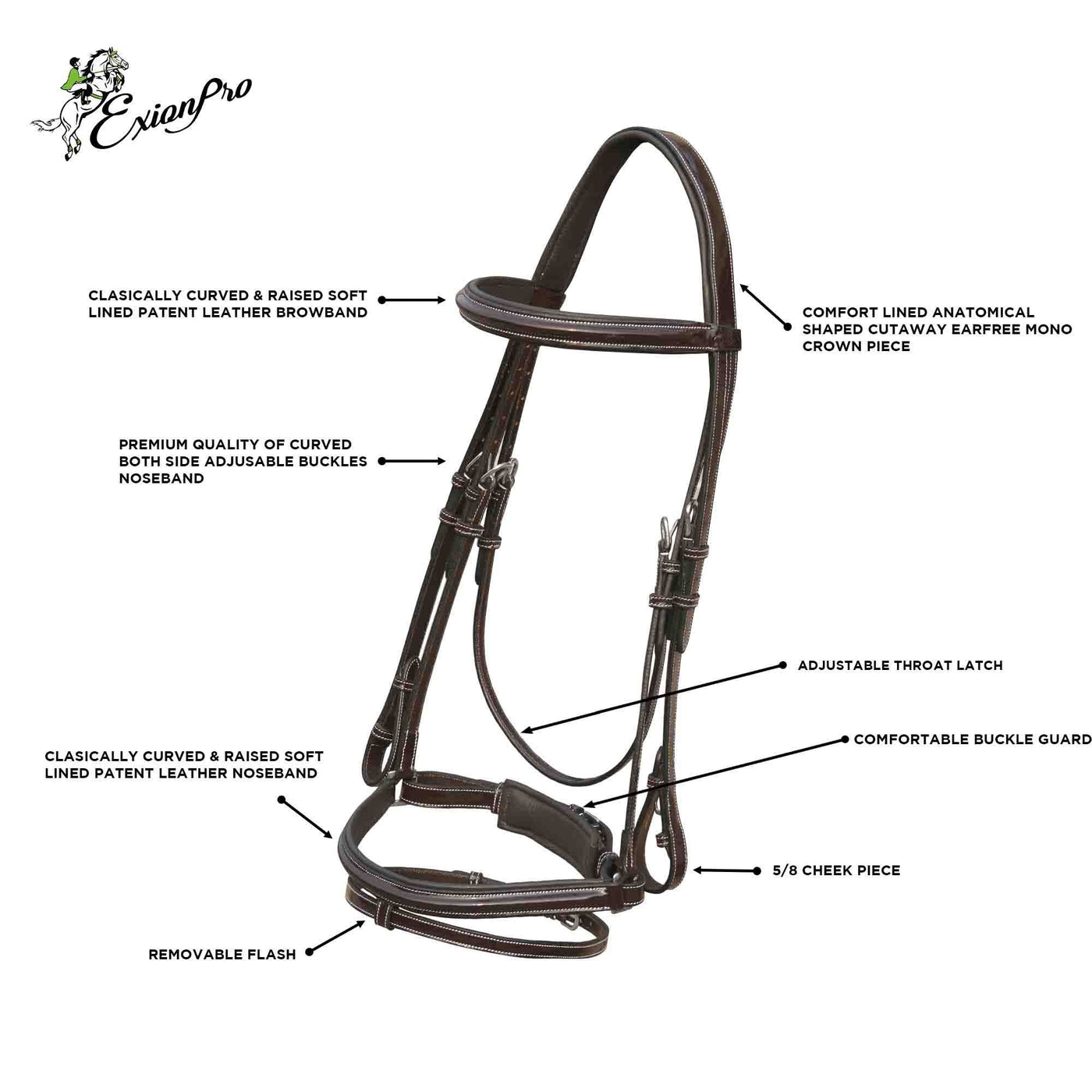 ExionPro Glossy Leather Dressage Bridle with Leather Reins