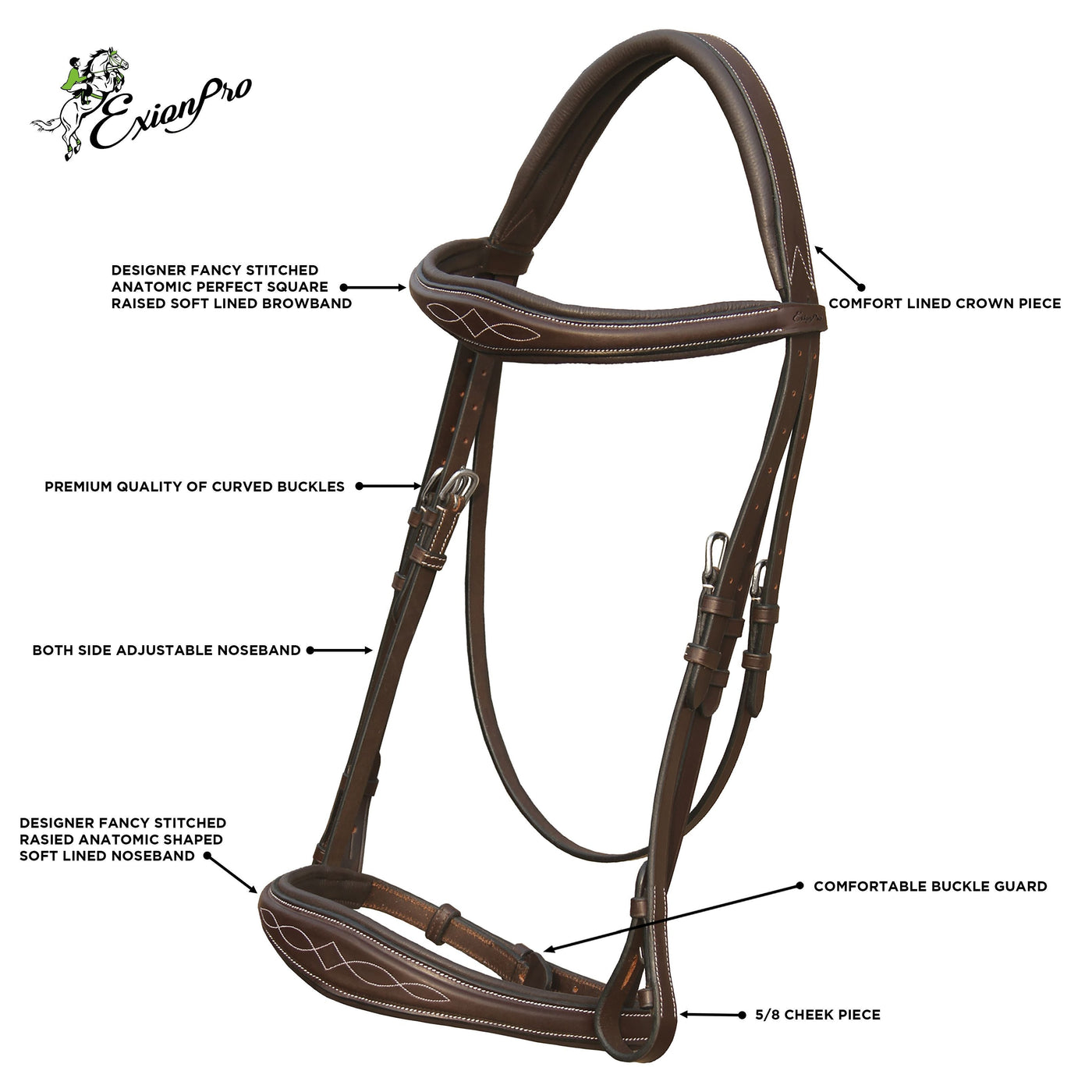 ExionPro Fancy Stitched Raised Anatomical Bridle with Reins without Flash