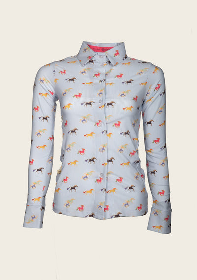 Espoir Colorful Running Horses on Blue Stripe  Ladies Button Shirt