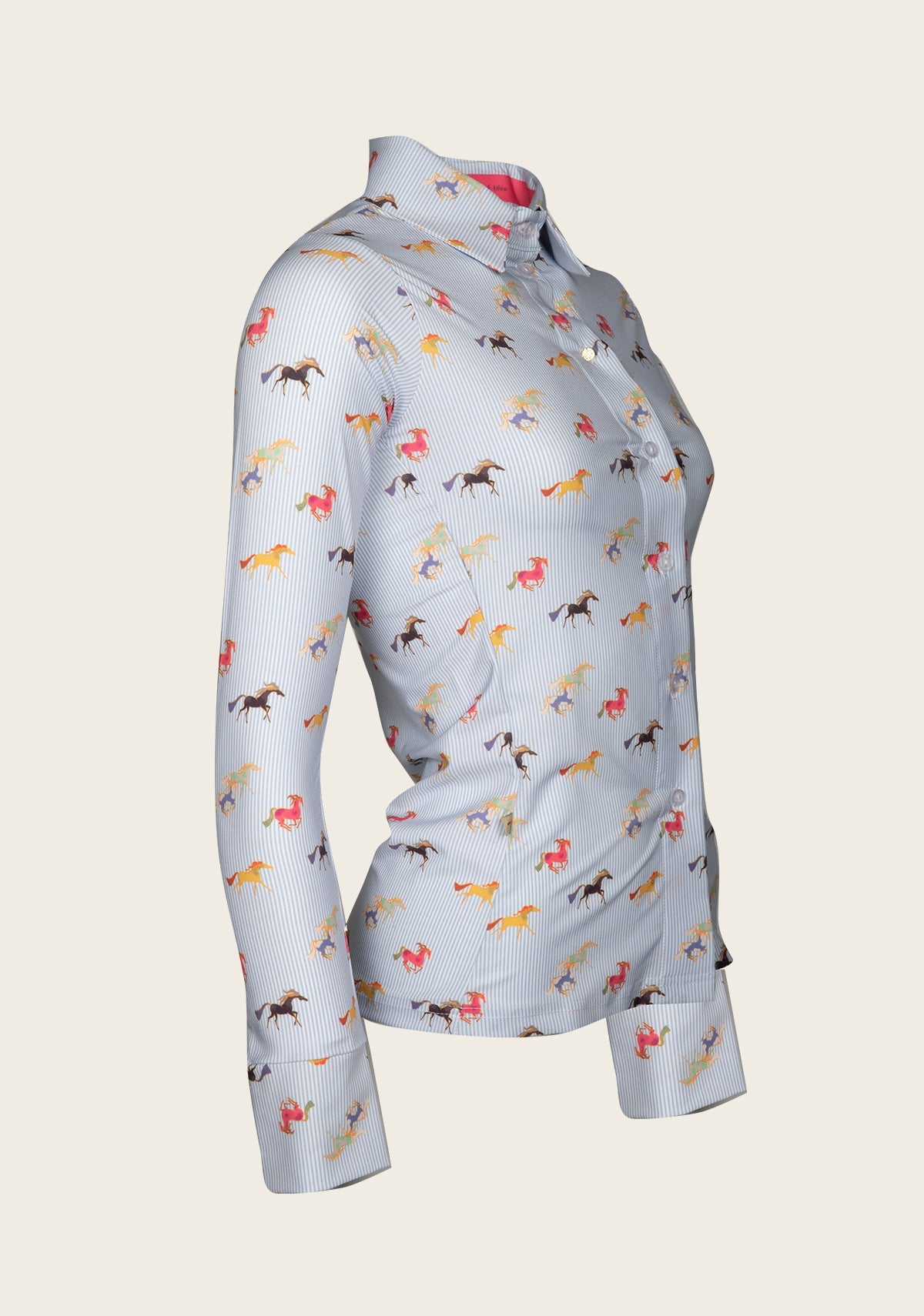 Espoir Colorful Running Horses on Blue Stripe  Ladies Button Shirt