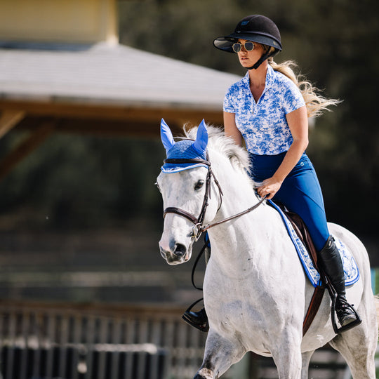 Dapplebay Equestrian Toile 1/4 Zip Light Riding Top - Short Sleeve-Blue/White