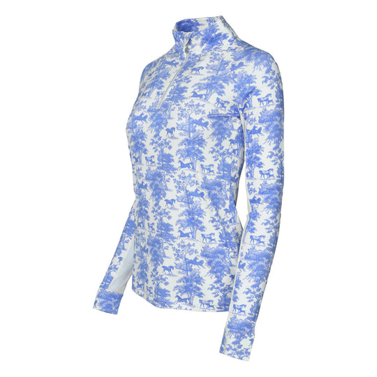Dapplebay Equestrian Toile 1/4 Zip Light Riding Top - Long Sleeve-Blue/White