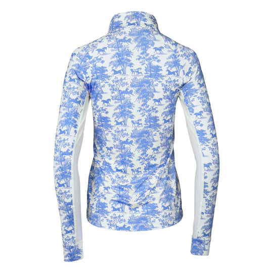 Dapplebay Equestrian Toile 1/4 Zip Light Riding Top - Long Sleeve-Blue/White