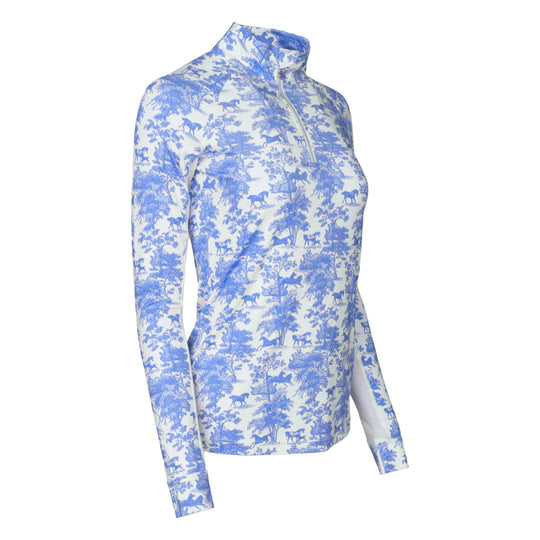 Dapplebay Equestrian Toile 1/4 Zip Light Riding Top - Long Sleeve-Blue/White