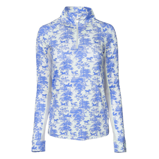 Dapplebay Equestrian Toile 1/4 Zip Light Riding Top - Long Sleeve-Blue/White