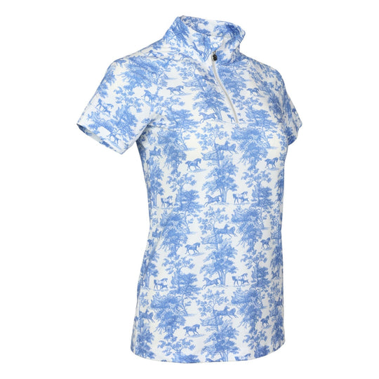 Dapplebay Equestrian Toile 1/4 Zip Light Riding Top - Short Sleeve-Blue/White