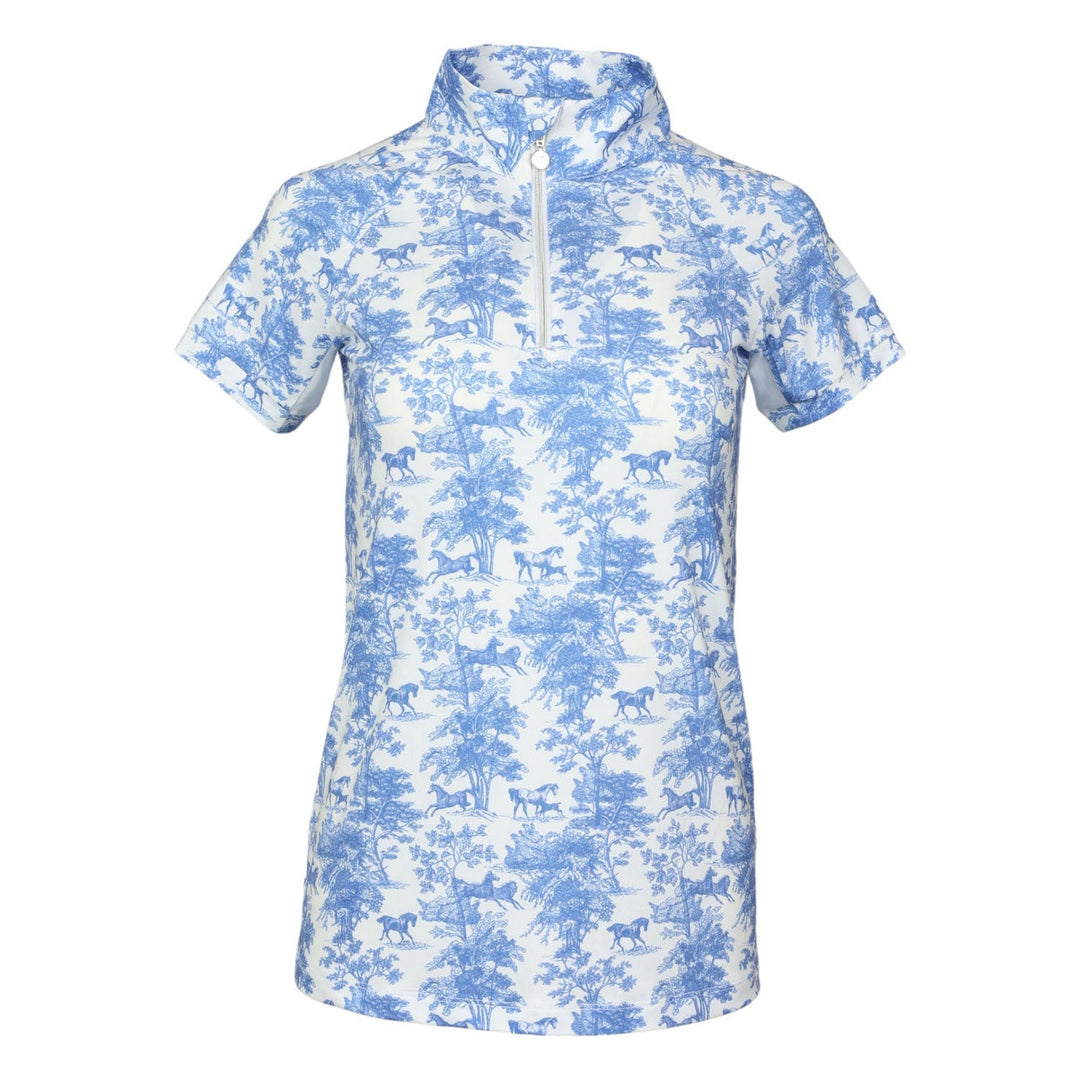 Dapplebay Equestrian Toile 1/4 Zip Light Riding Top - Short Sleeve-Blue/White