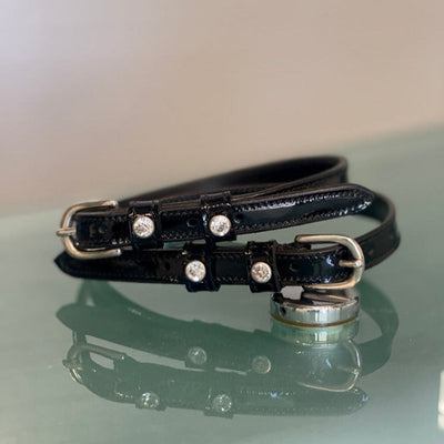 Black Patent Leather Spur Straps with Clear Crystals & Silver Horseshoe Buckles