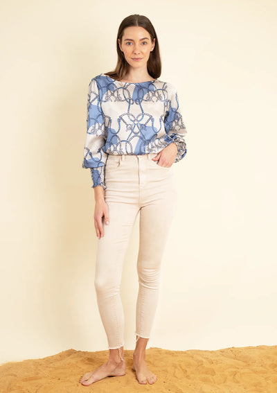 Abigail Blouse | Saddlery Print | Light Blue & Cream