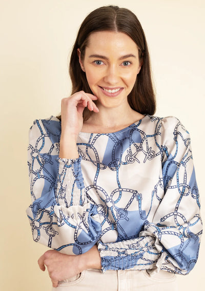 Abigail Blouse | Saddlery Print | Light Blue & Cream