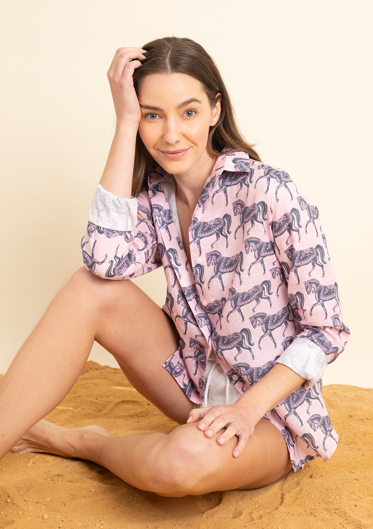 Basic Linen Shirt | Blossomare Print | Pink & Navy