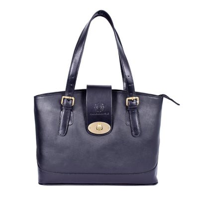 ExionPro Beautiful & Elegant Center Strap Lock Black Grain Leather Hand Bag