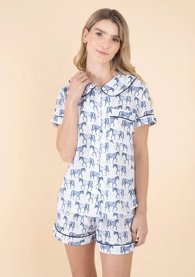 Be Mine PJ'S Set Short Sleeve | Blue | Equestrian Sleepwear Collection