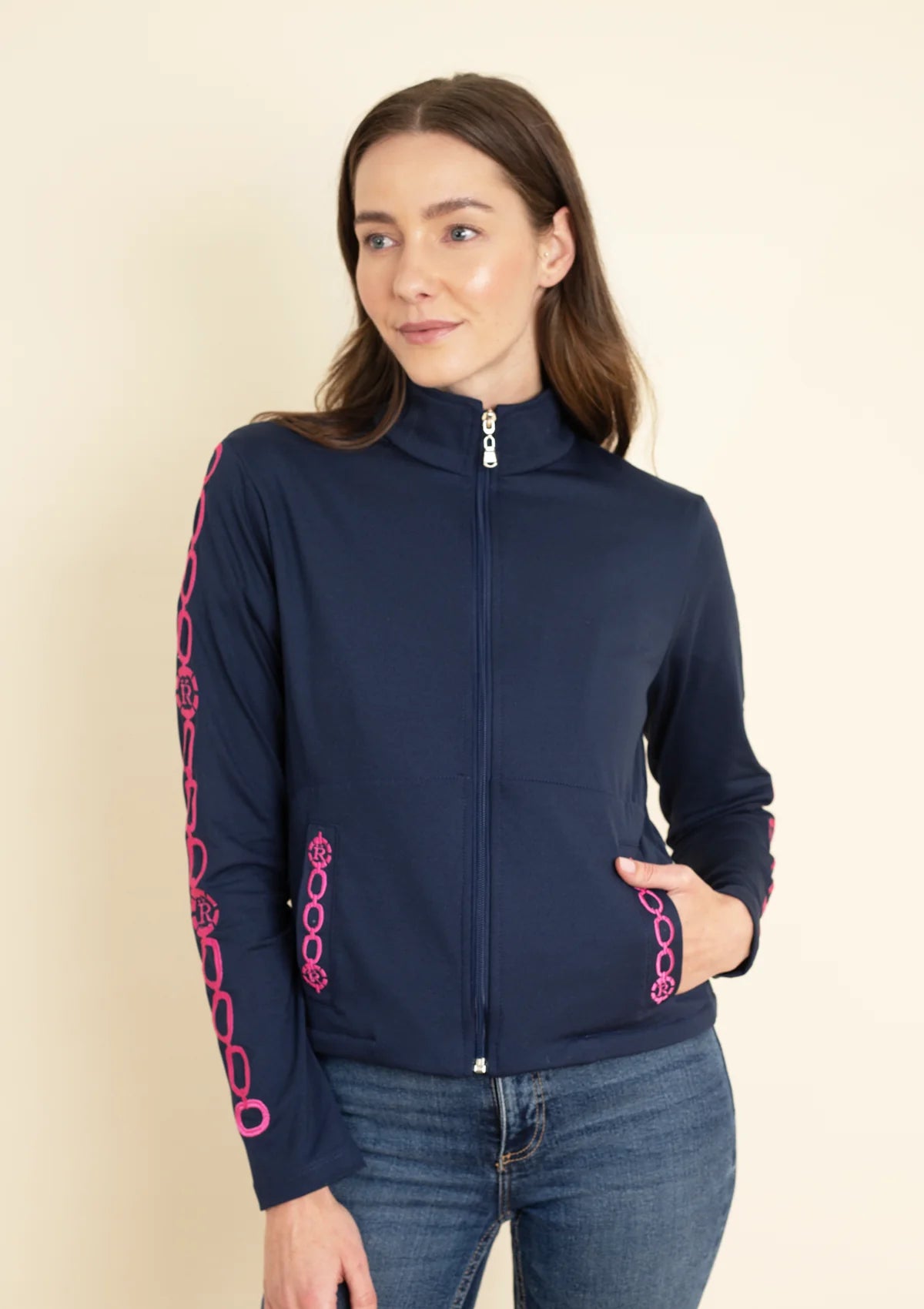 Equus Embroidered Zip Jacket | Navy & Pink