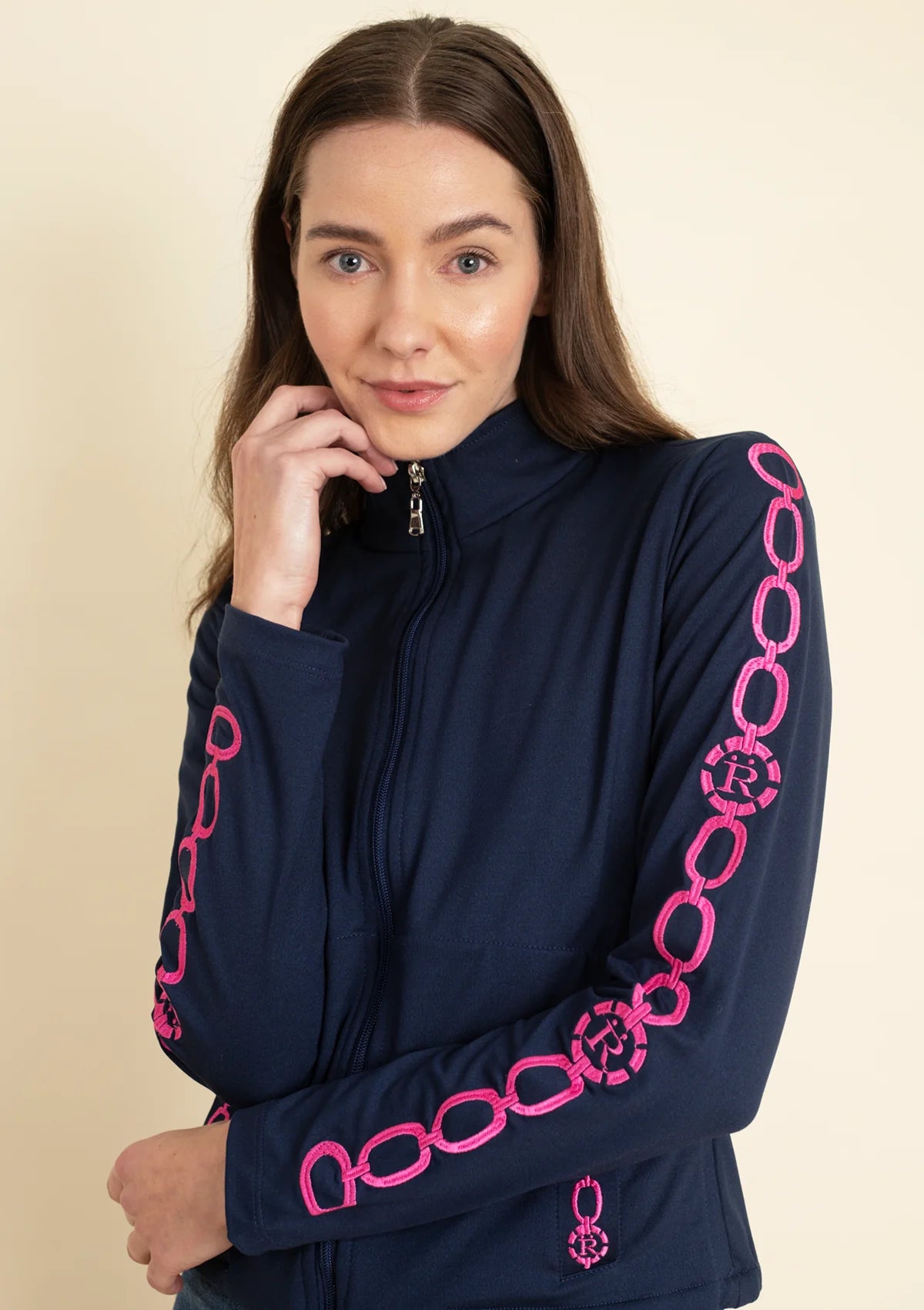 Equus Embroidered Zip Jacket | Navy & Pink