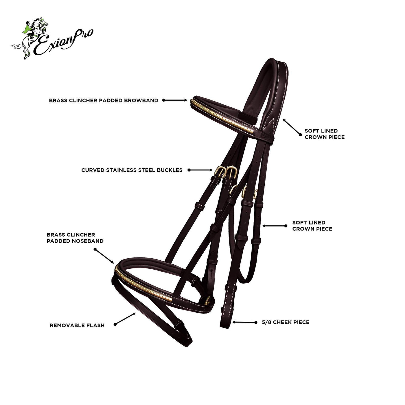 ExionPro Brass Clincher Studded Bridle With Flash and Reins