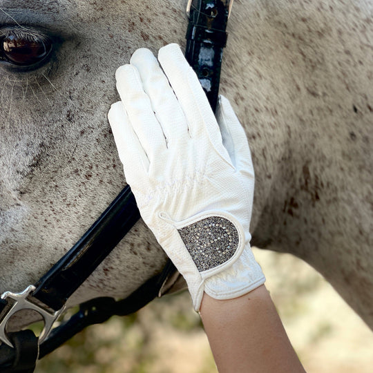 Halter Ego® Competition Gloves - Silver Gray Glitter &amp; Crystal Logo