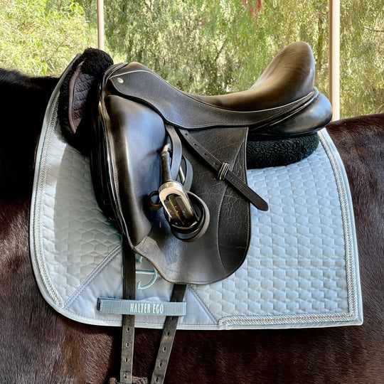 European Cotton Dressage Saddle Pad - Light Blue with Crystals &amp; Light Blue/Silver Twisted Rope Trim