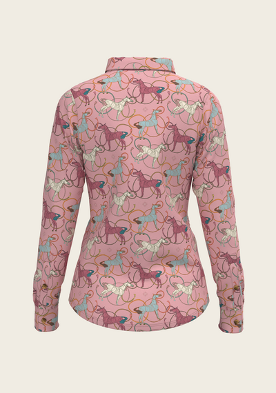 Colourful Roped Horses on Rose Ladies Button Shirt