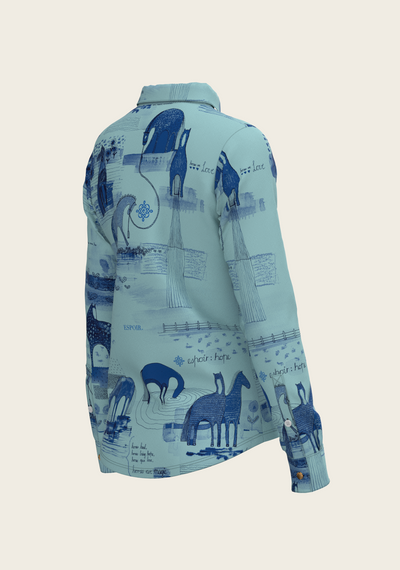 Daydreaming Horses in Blue Ladies Button Shirt
