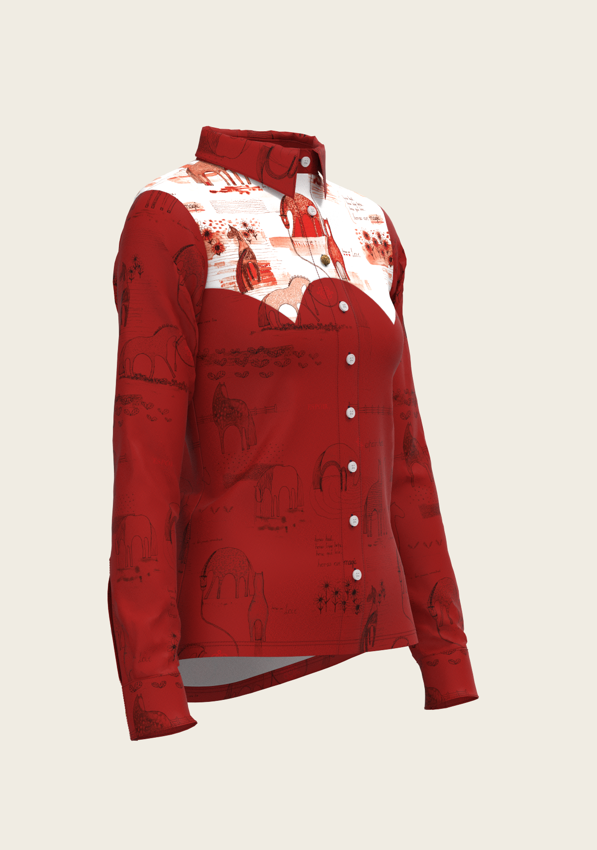 Daydreaming Horses in Red Ladies Button Shirt