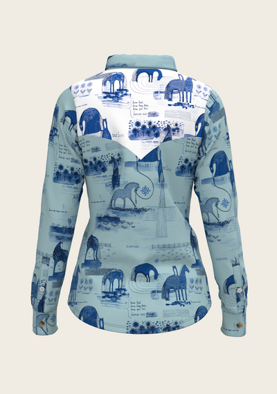 Daydreaming Horses Western Blue Ladies Button Shirt