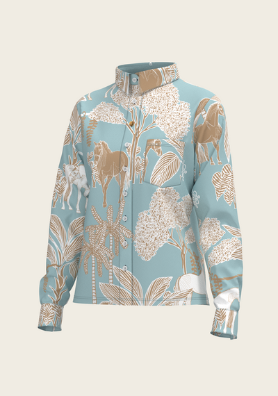  Island Horses on Sky Blue Loose Fitting Button Shirt