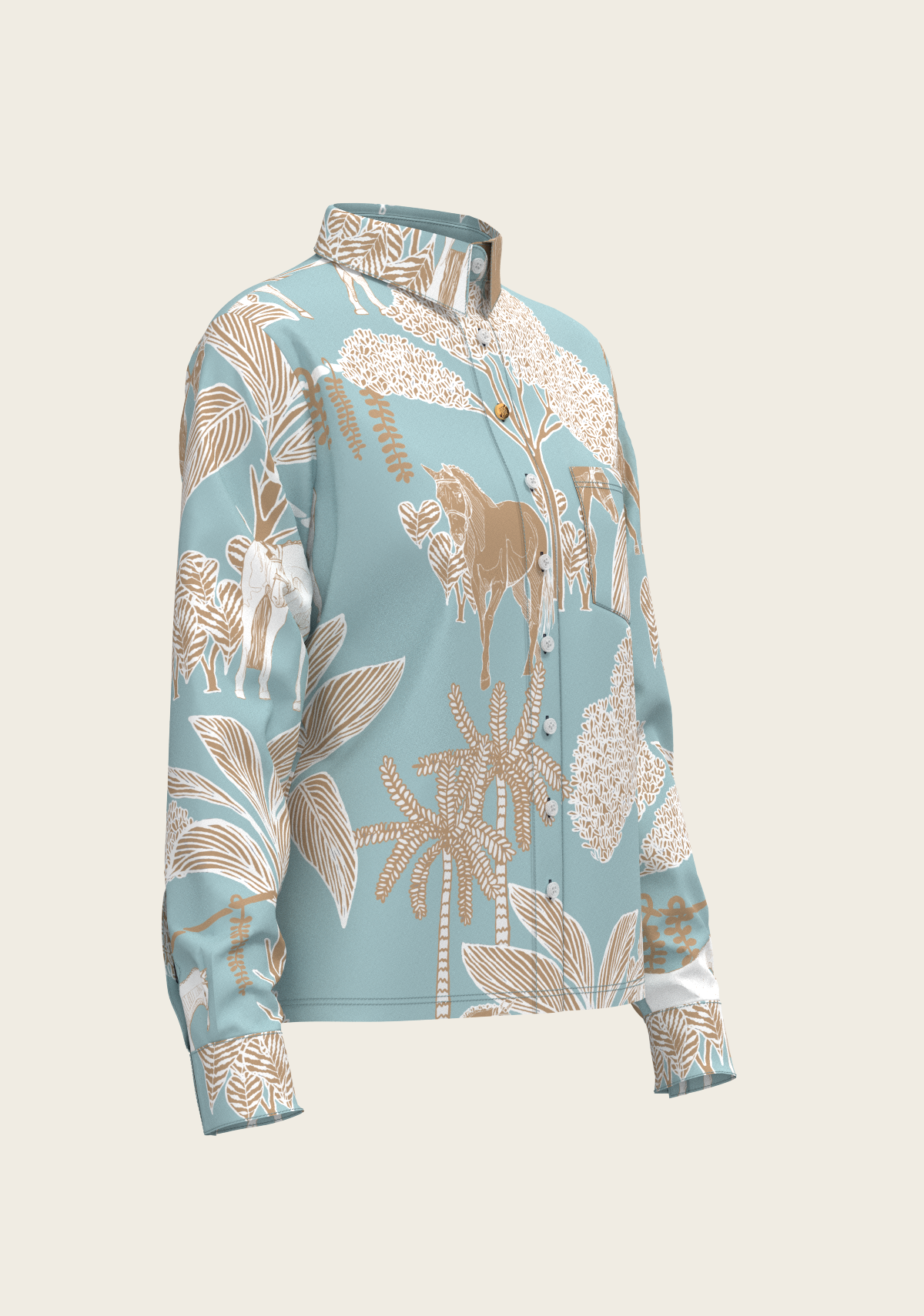  Island Horses on Sky Blue Loose Fitting Button Shirt