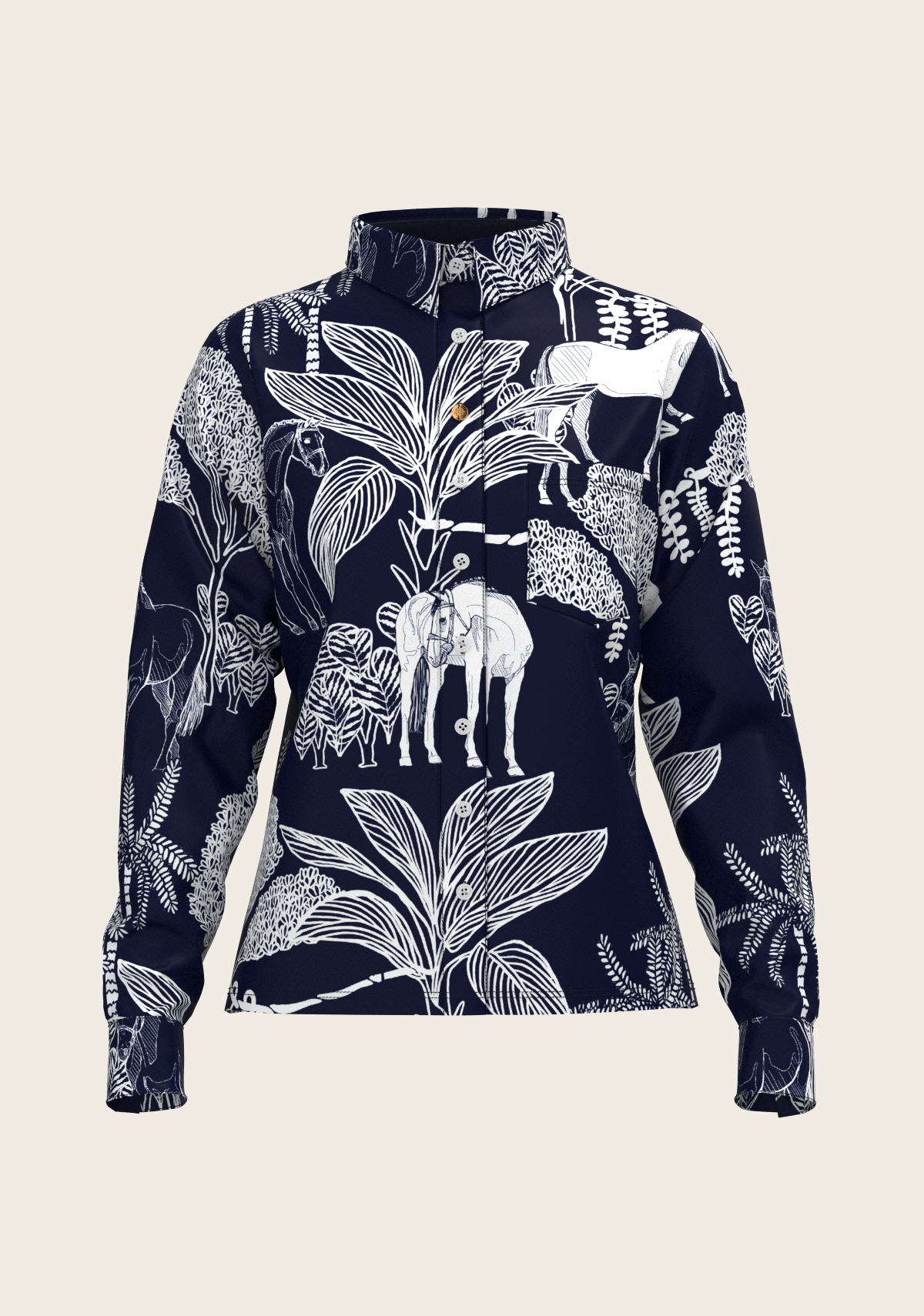  Island Horses on Navy Loose Fitting Button Shirt