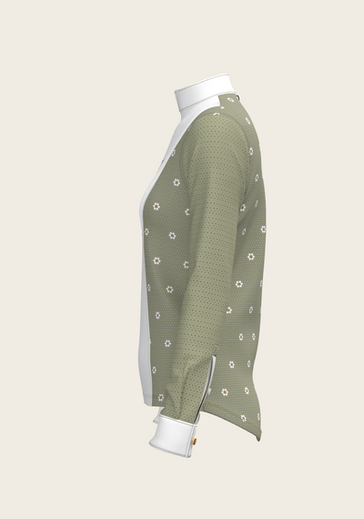 Mosaic Daises in Olive Short Pleated Long Sleeve Show Shirt