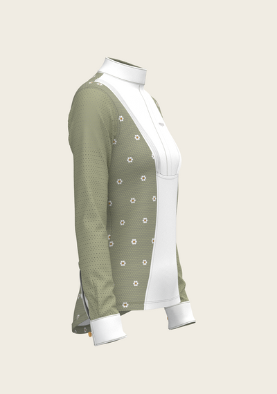 Mosaic Daises in Olive Short Pleated Long Sleeve Show Shirt