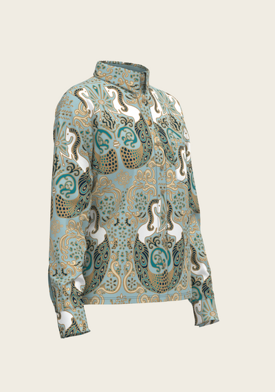 Mermaid Horses on Sky Blue Loose Fitting Button Shirt