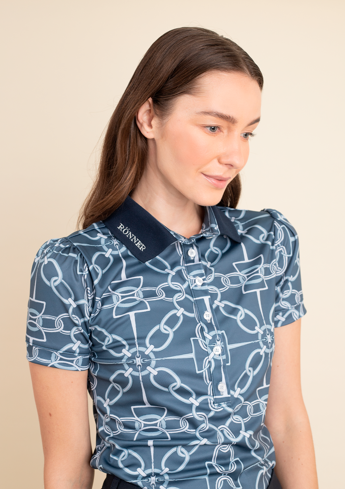 Olivia Polo-Shirt Short Sleeve | Chainlink Print | Navy