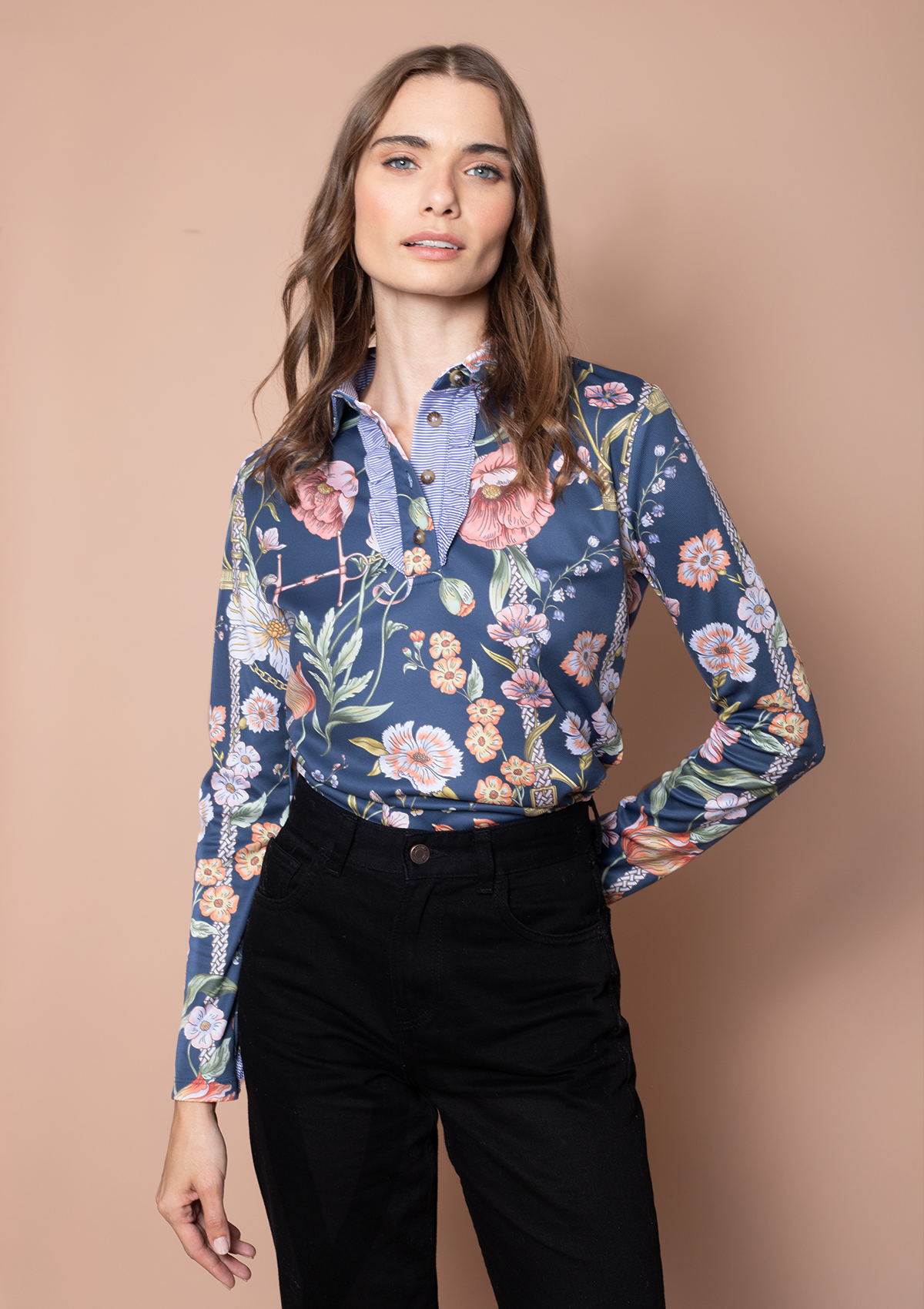 Prairi Polo-Shirt Long Sleeve | Botany Print Navy