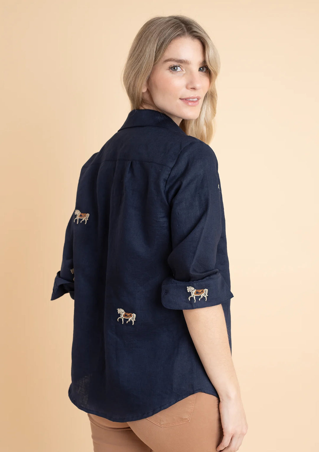 Sundown Embroidered Horses Linen Shirt | White