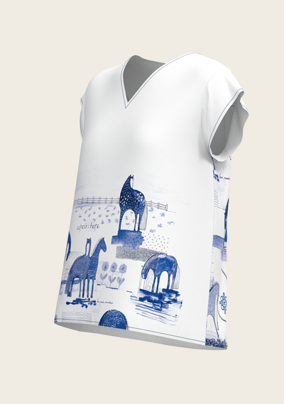Daydreaming Horses in Blue Loose Fitting V Neck Shirt