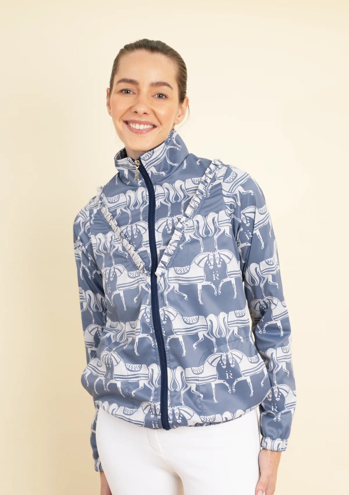 Zara Windbreaker with Ruffle | Steed Print | Blue & Sand