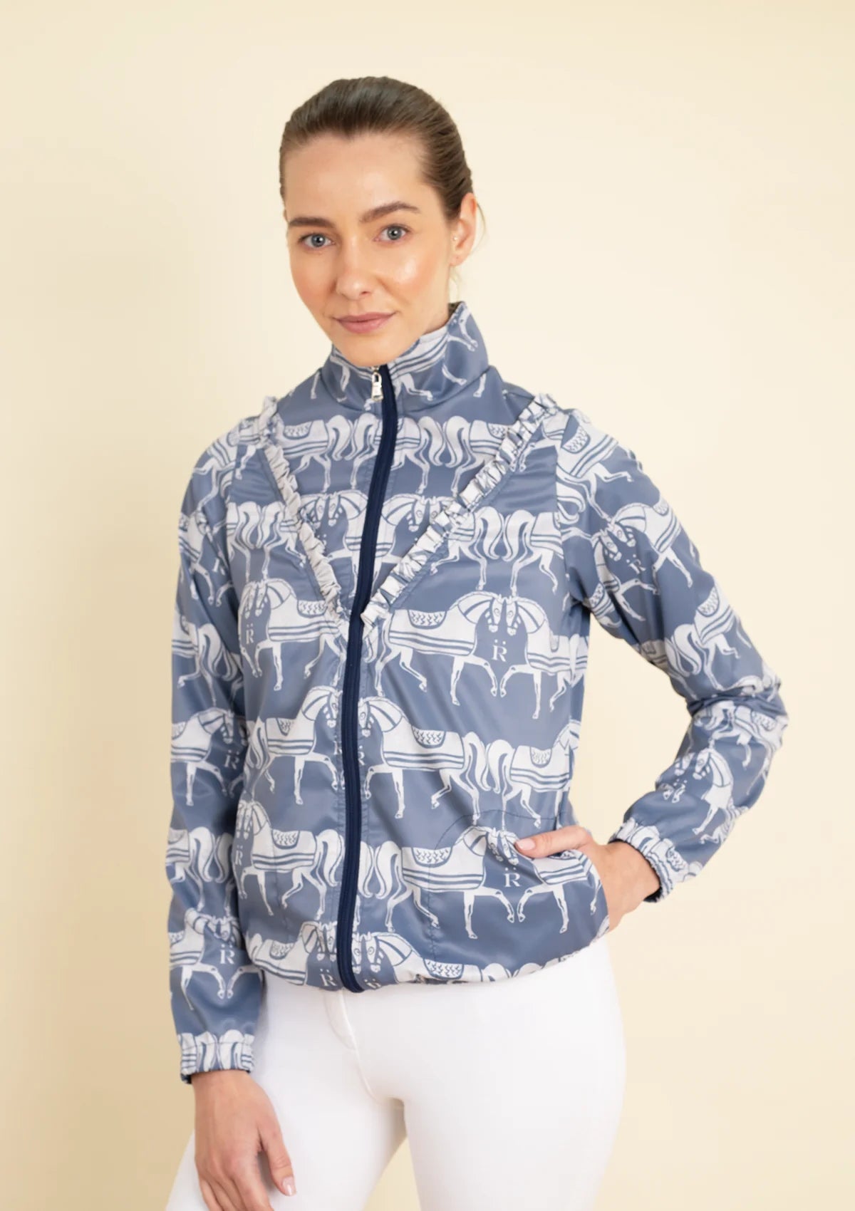 Zara Windbreaker with Ruffle | Steed Print | Blue & Sand