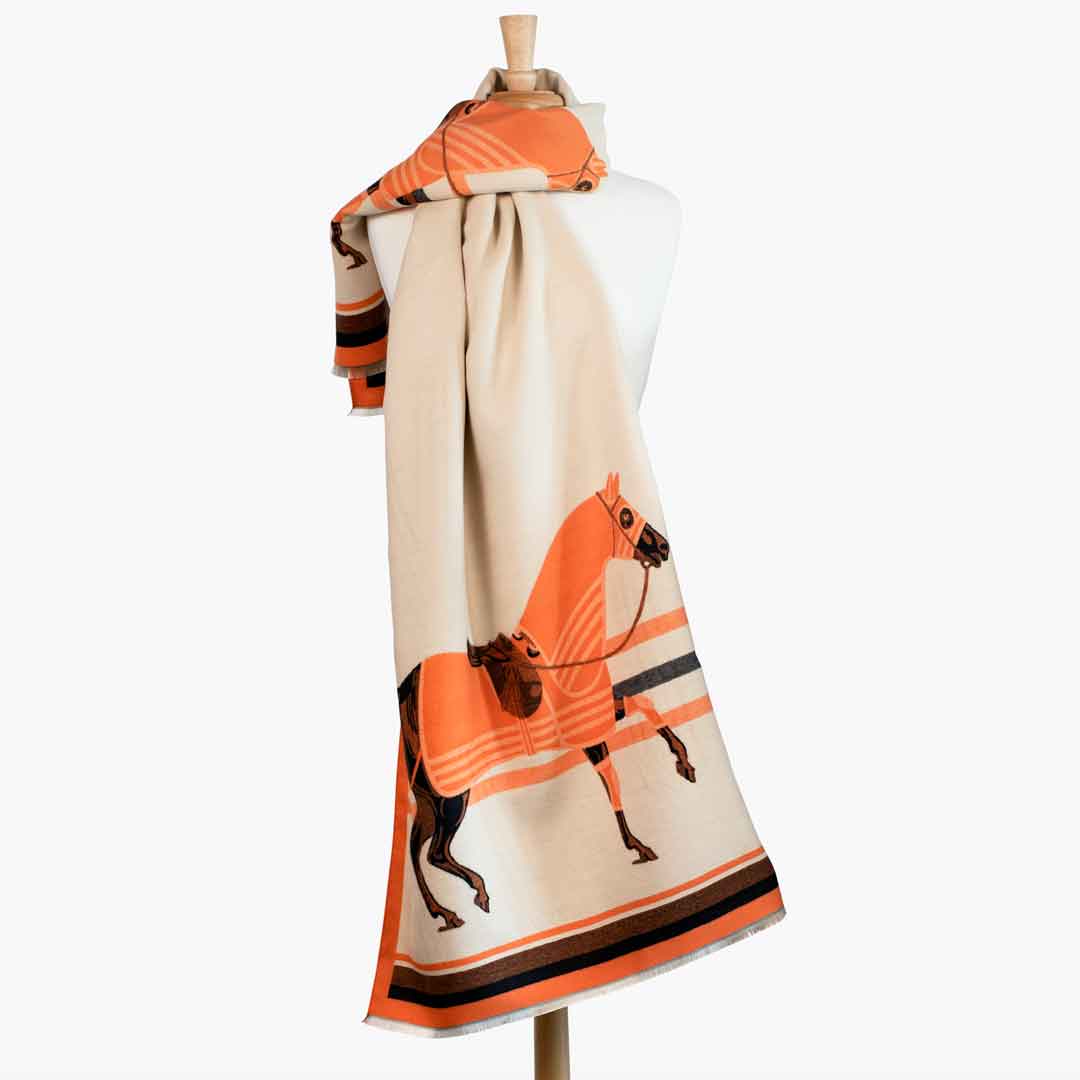 Cali -  Tangerine Equestrian Motif Luxe Shawl