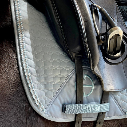 European Cotton Dressage Saddle Pad - Light Blue with Crystals &amp; Light Blue/Silver Twisted Rope Trim