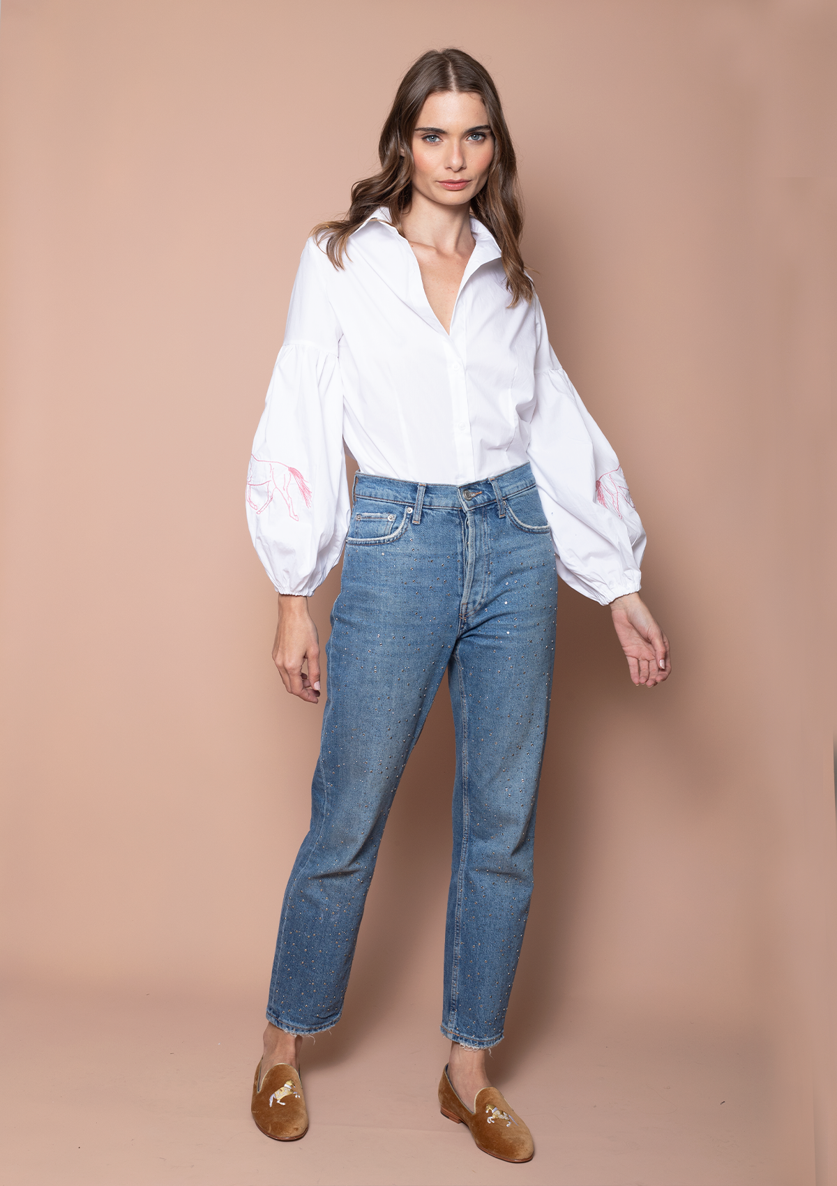 Annie Shirt Embroidered | White & Pink