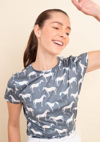 Emma T-Shirt | Geo Horses Print | Granite