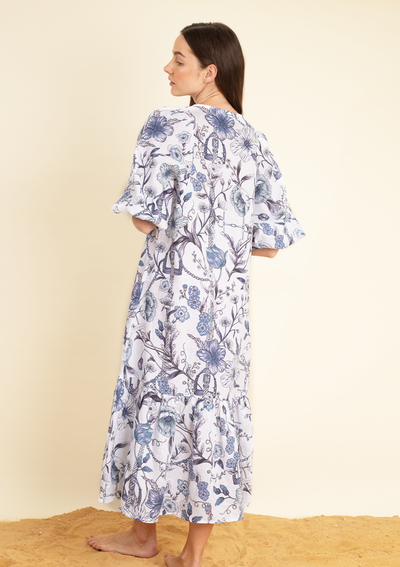 Harper Linen Dress | Blue and White Botany Print