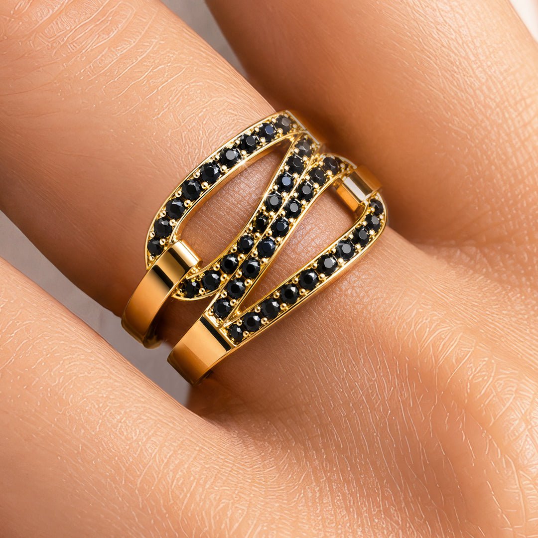 Levade - Black Moissanite Equestrian Horseshoe Ring in Gold