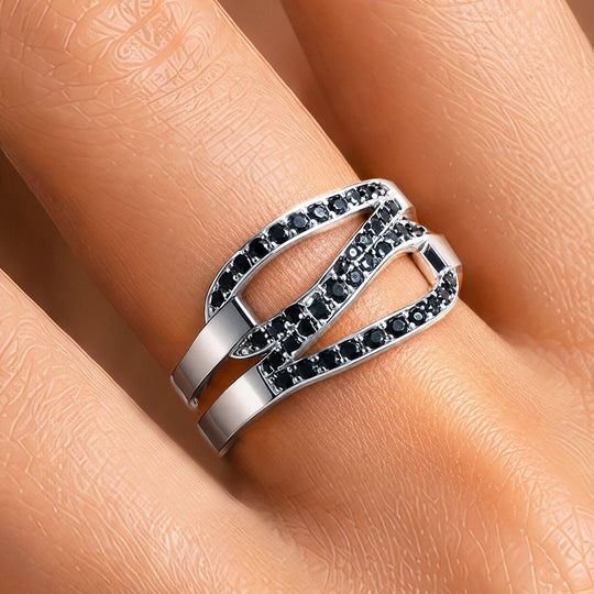 Levade - Black Moissanite Equestrian Horseshoe Ring in Silver