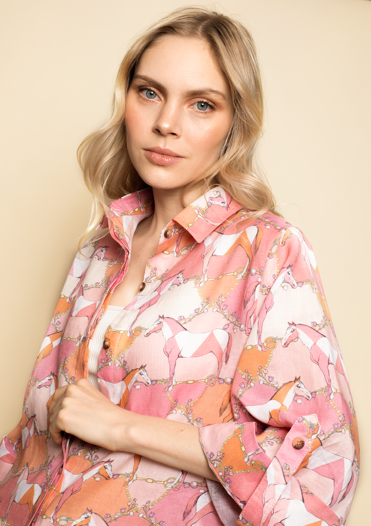 Magnolia Oversized Linen Shirt - Geo Horses Pink