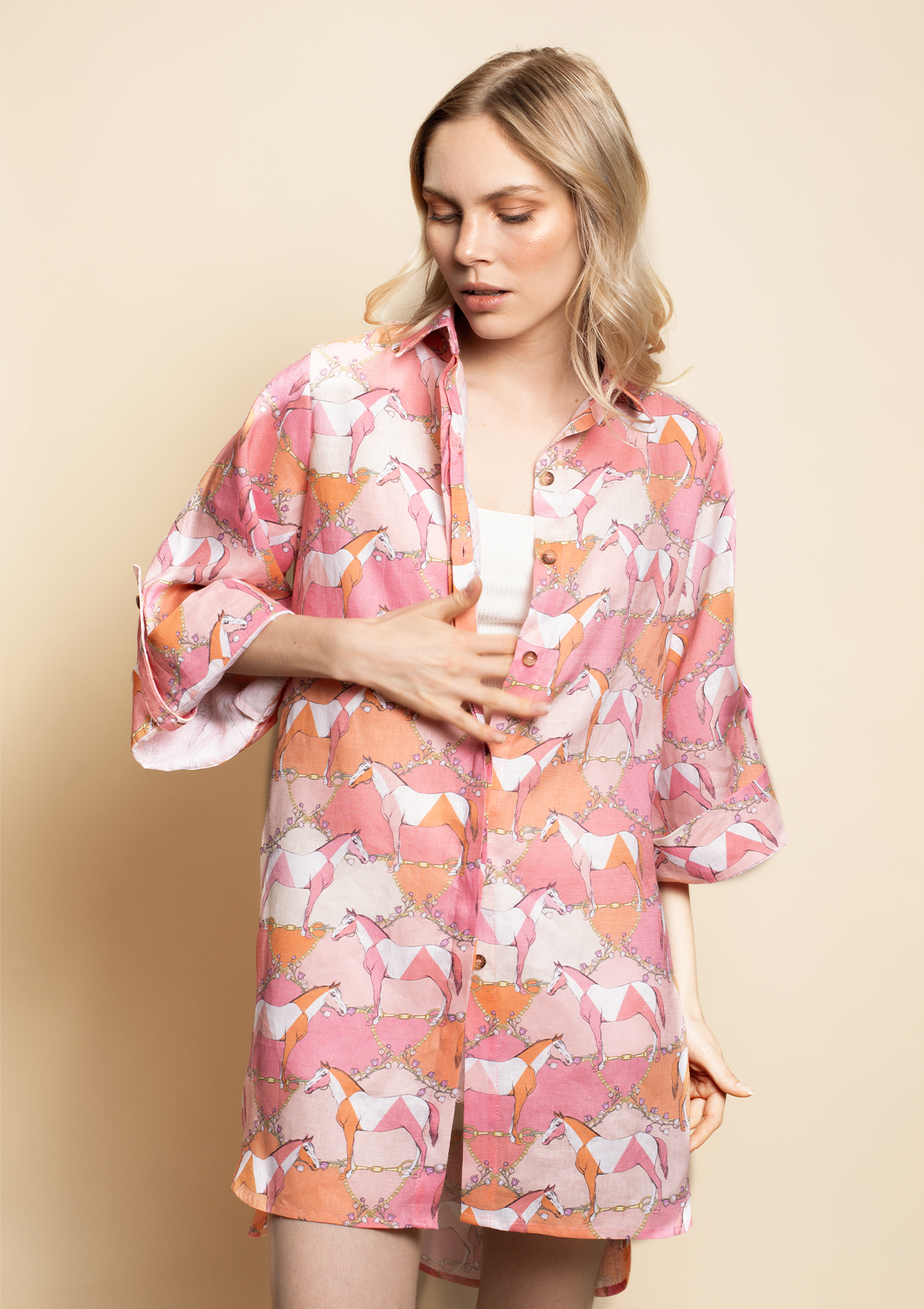 Magnolia Oversized Linen Shirt - Geo Horses Pink